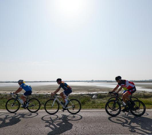 Ciclisti pedalano lungo una strada panoramica.